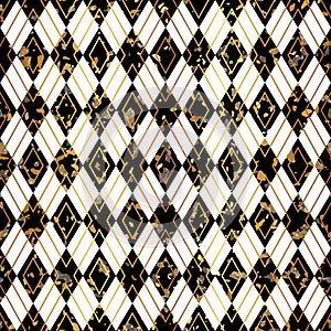 Black and White Terrazzo Stone Texture Seamless Pattern Design with Gold Rhombus Background