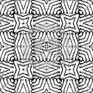 Black and white textured tapestry seamless pattern. Vector geometric ornamental grunge background. Repeat monochrome
