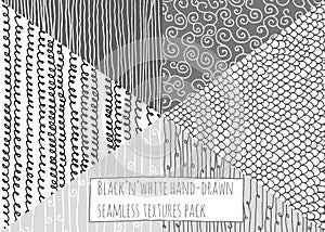 Black and white textures, seamless, hand-drawn, simple, based on stripes, flourishes and loops. Stylish illustration, drawn