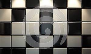 A black and white tile wall with a checkered pattern