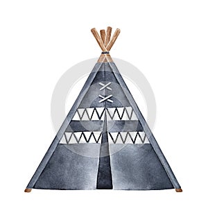 Black and white tipi tent watercolour illustration.