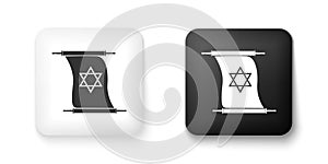 Black and white Torah scroll icon isolated on white background. Jewish Torah in expanded form. Torah Book. Star of David symbol.