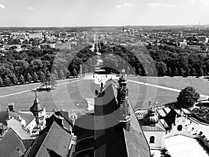 Black and white: A towering, iconic spire in Jasna GÃ³ra Monastery in CzÄ™stochowa, Poland