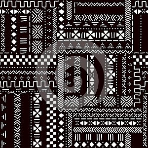 Black and white traditional african mudcloth fabric seamless pattern, vector