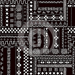 Black and white traditional african mudcloth fabric seamless pattern, vector photo