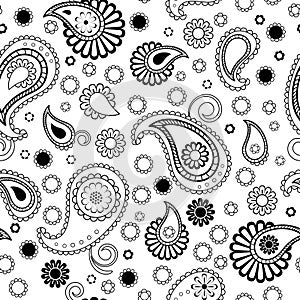 Black and white traditional oriental paisley floral seamless pattern, vector
