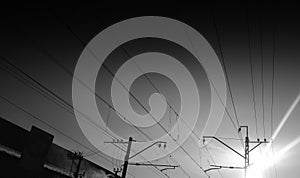 Black and white train power lines background