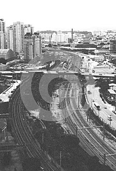 Black and white train and subway rails in Barra Funda, Sao Paulo, Brazil photo