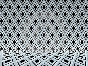 Black and white trapezoid pattern texture, 3D render.