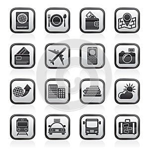 Black and white travel, transportation and vacation icons