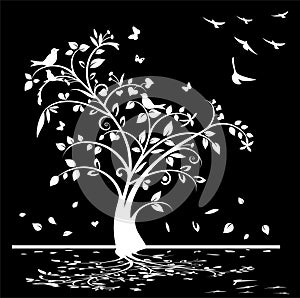 Black and white tree with birds and butterflies