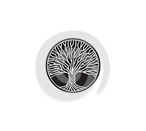 Black and white tree isolated vector logo. Knowledge symbol.Round nature element.