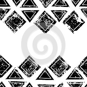 Black and white triangles and squares aged geometric ethnic grunge seamless border, vector