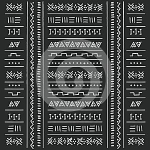 Black and white tribal ethnic pattern with geometric elements, traditional African mud cloth, tribal design