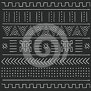 Black and white tribal ethnic pattern with geometric elements, traditional African mud cloth, tribal design