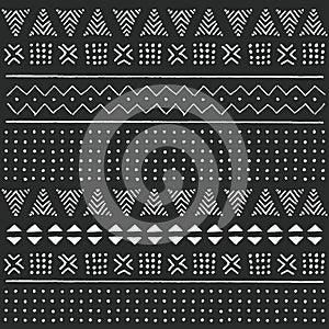 Black and white tribal ethnic pattern with geometric elements, traditional African mud cloth, tribal design