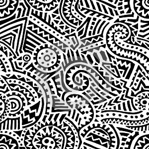 Black and white tribal pattern. Ethnic and aztec motifs. Bohemian print for textiles. Vector illustration