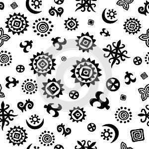 Black and white tribal seamless pattern African symbols. Hand drawn vector ethnic background with decorative elements.