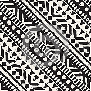 Black and white tribal vector seamless pattern with doodle elements. Aztec abstract art print. Ethnic ornamental hand