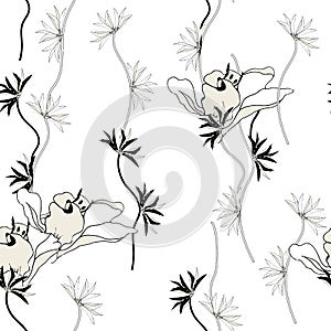 Black and white tropical floral seamless pattern. Lily ink-drawn cut on white background