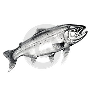 Black And White Trout Salmon Drawing: Flat Shading, Realistic Portrayal