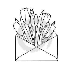 Black and white tulips envelope for concept design. Spring blossom. Flower background. Wedding invitation envelope