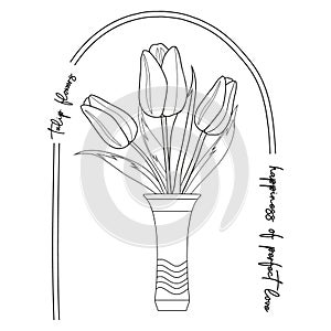 Black and white tulips flowers bouquet in a vase with tulip meaning. Coloring book page.