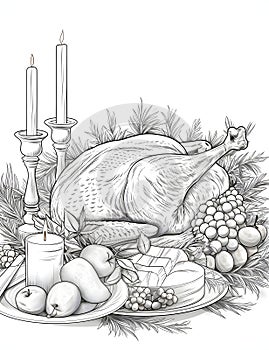 Black and white turkey coloring book candles, fruits, vegetables. Turkey as the main dish of thanksgiving for the harvest