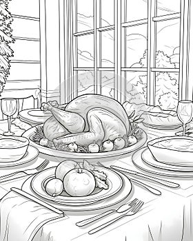 Black and white turkey coloring book candles, fruits, vegetables. Turkey as the main dish of thanksgiving for the harvest