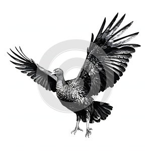 Black and white turkey in flight with wings spread. Turkey as the main dish of thanksgiving for the harvest, picture on a white