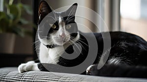 A black and white tuxedo cat resting on a pillow created with Generative AI
