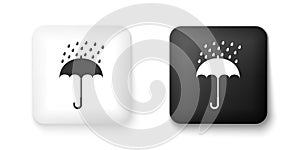 Black and white Umbrella and rain drops icon isolated on white background. Square button. Vector