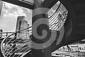 Black and white urban detail of a spiral staircase