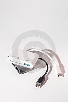 Black and White USB-C to USB 3.0 and SDMicroSD Memory Card Reader Adapters, 3-in-1 Multiport Hub