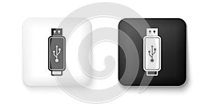 Black and white USB flash drive icon isolated on white background. Square button. Vector