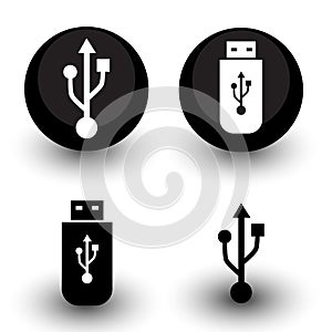 Black and white usb sign and flash drive icon set in circle flat