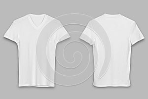 Black White v-neck t-shirt template. Short sleeve t-shirt realistic mockup, isolated on a grey background.