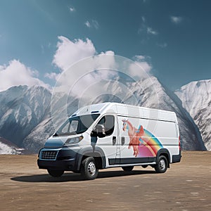 Black And White Van With Abstract Rainbow Design In Front Of Snowy Mountains
