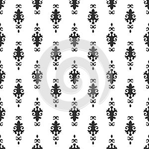 Black and white vector background. Beautiful queen seamless pattern with fleur de lys ornament elements. Royal signs in style of f