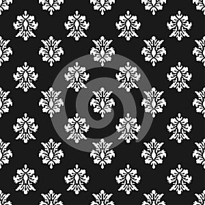 Black and white vector background. Beautiful queen seamless pattern with fleur de lys ornament elements. Royal signs in style of f