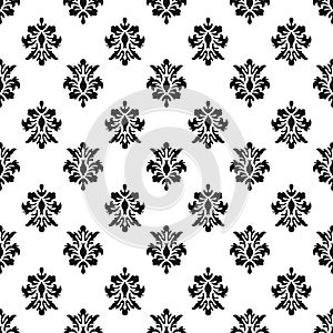 Black and white vector background. Beautiful queen seamless pattern with fleur de lys ornament elements. Royal signs in style of f