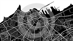 Black and white vector background map, Casablanca city area streets and water cartography illustration