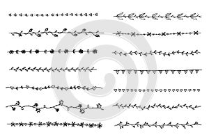 Black and white vector border set. simple isolated dividers with leaves, branches, flowers and hearts. hand drawn borders.