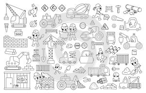 Black and white vector construction site and road work set. Building line icons collection with funny kid builders, transport,