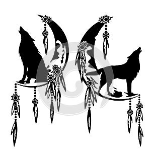 Black and white vector design of dream catcher with howling wolf and feathered moon crescent