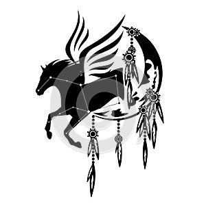 Black and white vector design of moon crescent and pegasus horse constellation