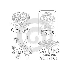 Black and white vector emblems for professional catering companies. Food service. Hand drawn logos with pizza, salad