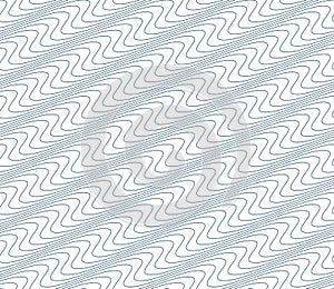 Black and white vector endless pattern created with thin undulate stripes, seamless netting composition. Continuous interlace