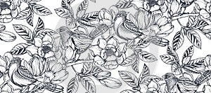 Black and white vector floral seamless pattern of magnolia flowers, branches and birds.