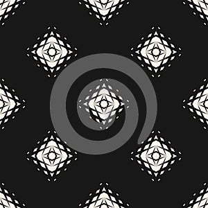 Black and white vector geometric halftone seamless pattern with diamonds, grid